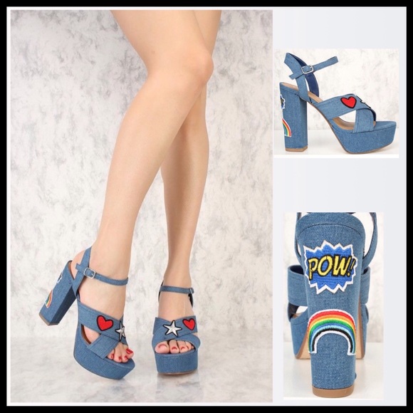 My Delicious Shoes Shoes - 70's Inspired Denim Graphic Plarform Sandals